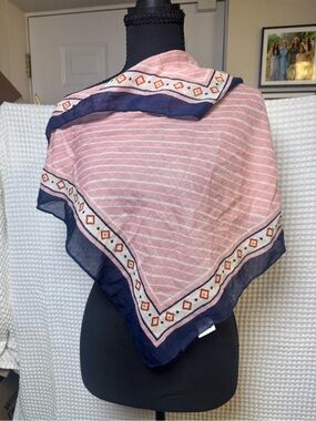 Navy Blue Pink Striped Geometric Border Square Scarf, 100% Polyester